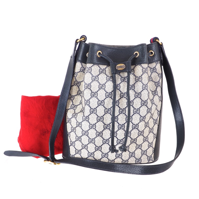 Vintage Gucci Blue Monogram Bucket Drawstring Shoulder Bag Nina
