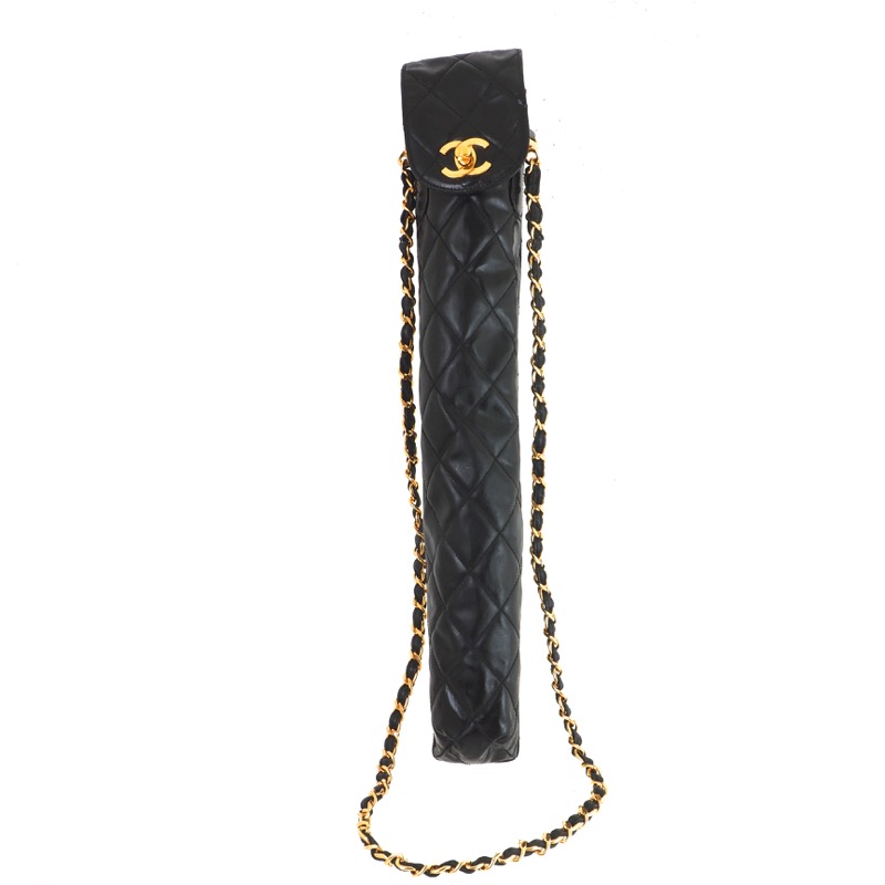 Vintage Chanel Black Quilted Gold Turn Lock Umbrella Case Shoulder