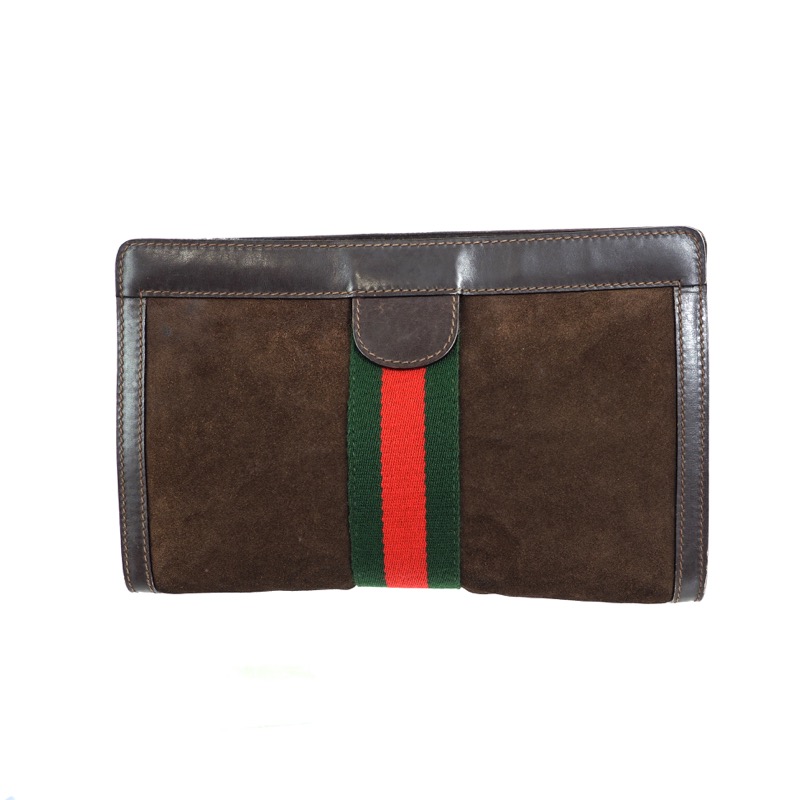 Vintage Gucci Suede Brown Red Green Signature Clutch Bag