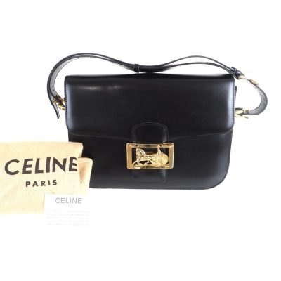 Vintage Celine Paris Black Box Leather Shoulder Bag Gold Horse Carriage Buckle with Dust Bag & Card Hand Bag