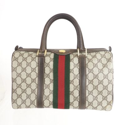 Vintage Gucci GG Monogram Boston Bag Sherry Web Old Gucci PVC Leather Brown Beige Hand Bag