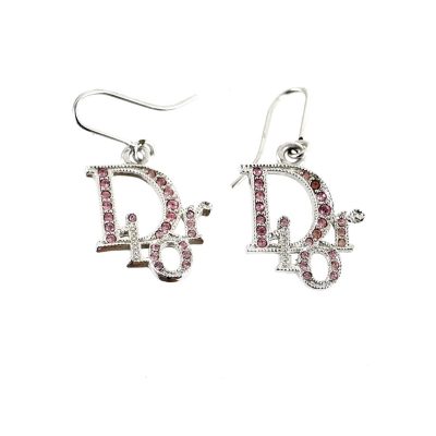 Vintage Christian Dior Pink Rhinestone Logo Dangle Earrings