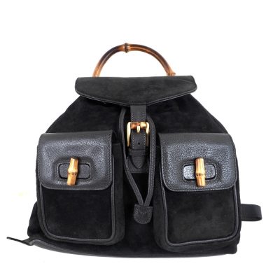 Vintage Gucci Gucci Bamboo Classic Backpack 0032058 — Black Suede & Leather GM Large Size Backpack