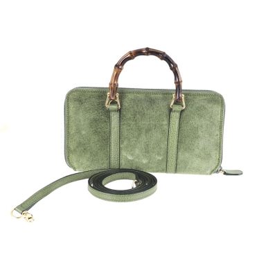 Vintage Gucci Match Green Suede Bamboo Round Zip Wallet Long Shoulder Strap Wallet