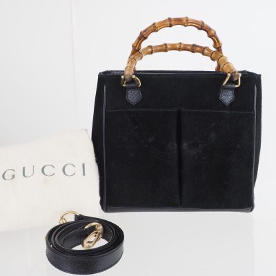 Vintage Gucci Bamboo Handbag Black Suede Leather w/ Shoulder Strap & Dust Bag Great Condition Hand Bag