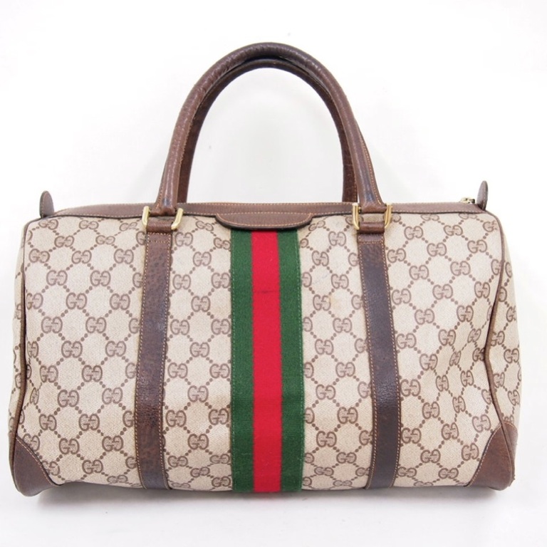 Vintage Gucci Monogram Canvas Ribbon Speedy Bag Medium Brown Red Green Handbag