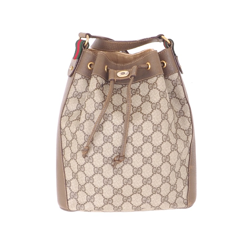 Vintage GUCCI GG Monogram Brown Beige Drawstring Bucket Bag