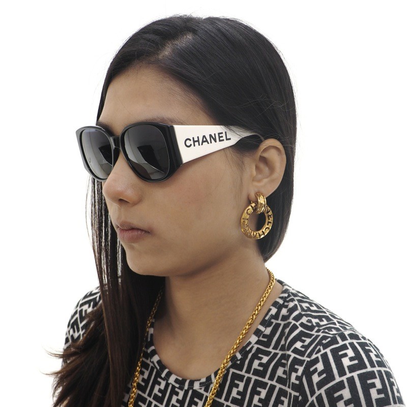 Vintage Chanel Bi Color Extra Wide Temple White Black Sunglasses