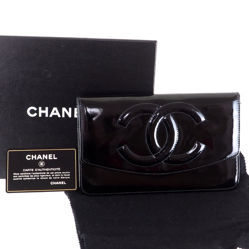 Chanel Black Quilted Patent Leather Long Flap Wallet