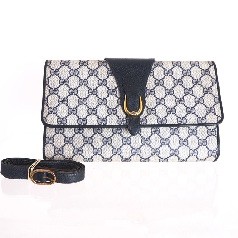 Vintage Gucci Monogram Blue Clutch Accessory Collection Shoulder