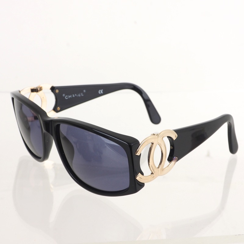 Vintage Chanel Black Gold Large CC Logo Side Shades Sunglasses Nina Furfur Vintage Boutique