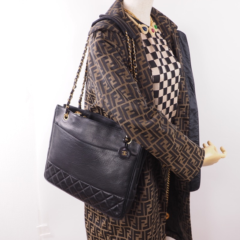 Vintage Chanel Black Leather Gold Chain Logo Charm Tote Shoulder Bag ...