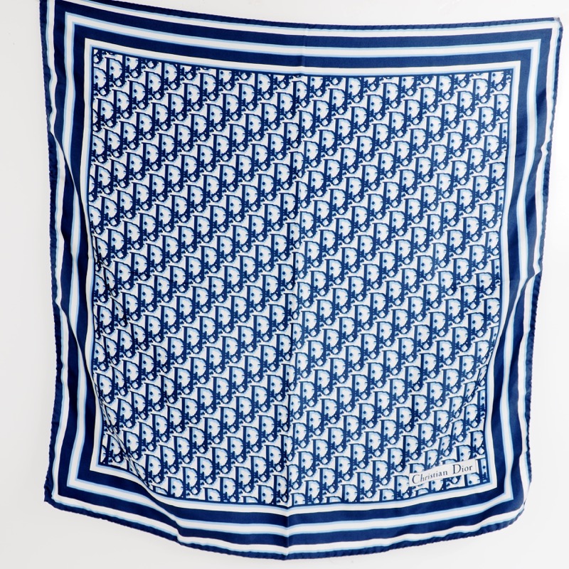 Vintage Christian Dior Womens Square Scarf Navy Blue Retro Monogram Print  Silk