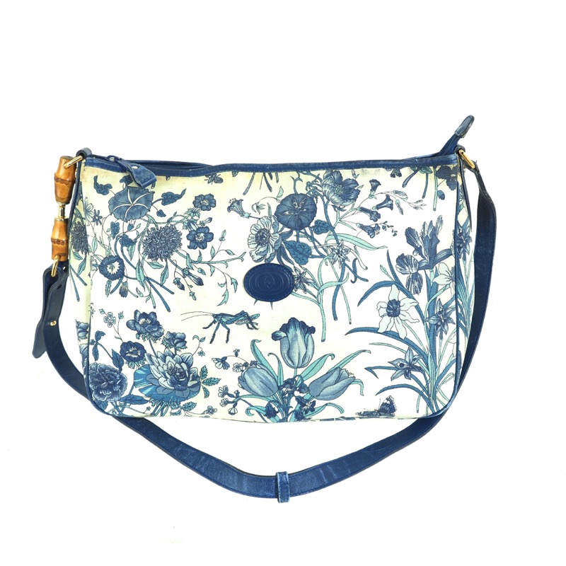 Vintage Gucci Blue Floral Bamboo Large Shoulder Bag - Nina Furfur