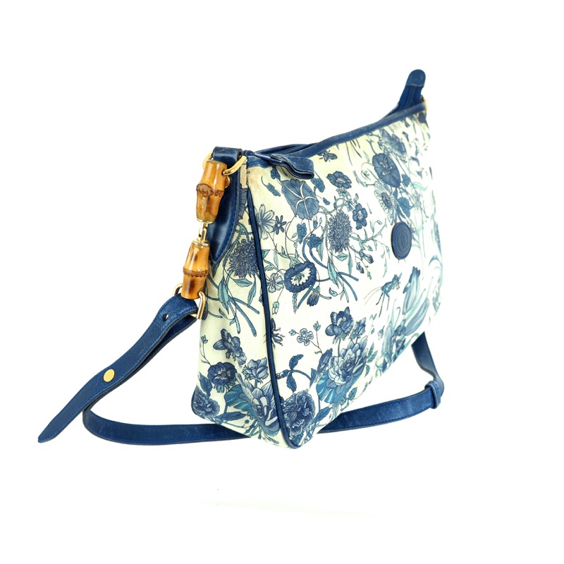 Vintage Gucci Blue Floral Bamboo Large Shoulder Bag - Nina Furfur