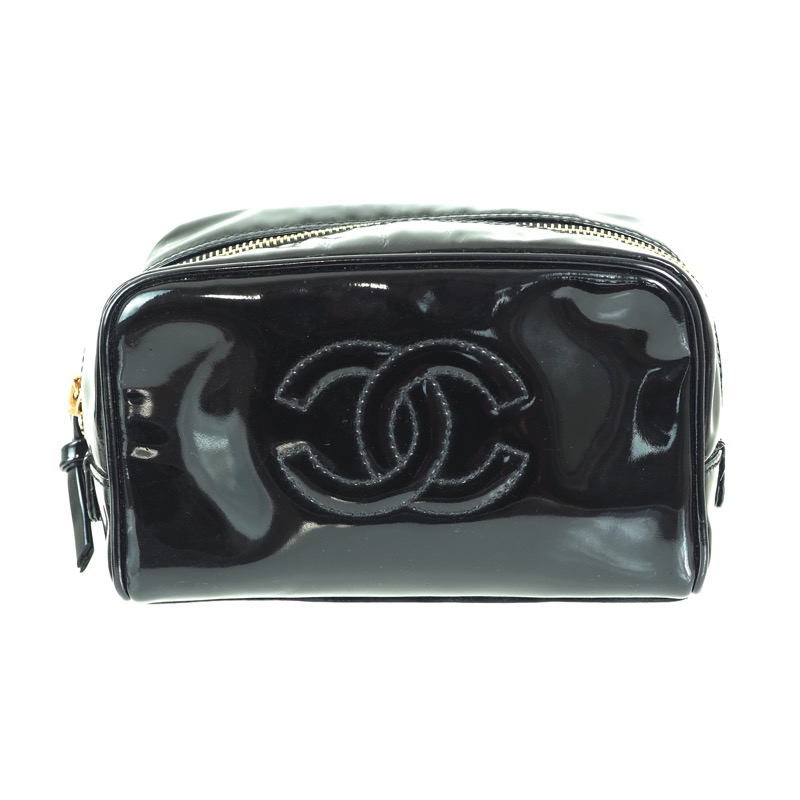 CHANEL Black Patent Leather COSMETIC BAG Vanity Case HANDBAG Purse