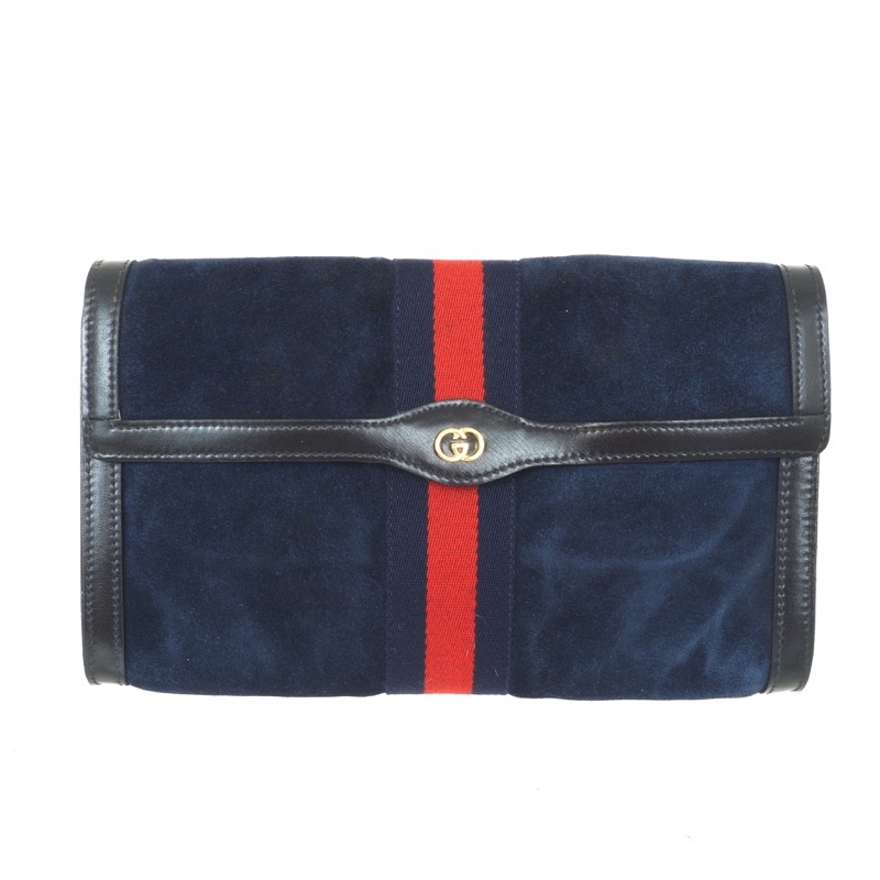 Vintage Gucci Blue Suede Large Red Line Clutch Bag - Nina Furfur