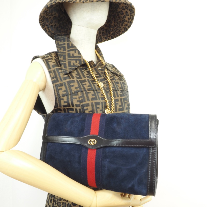 Vintage Gucci Blue Suede Large Red Line Clutch Bag - Nina Furfur