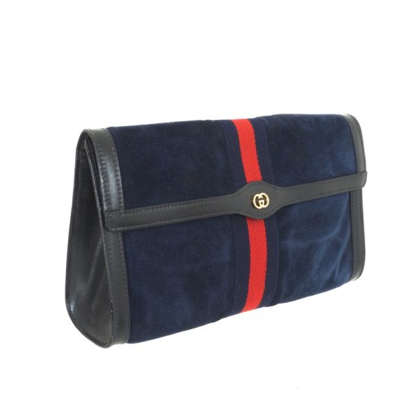 Vintage Gucci Blue Suede Large Red Line Clutch Bag - Nina Furfur