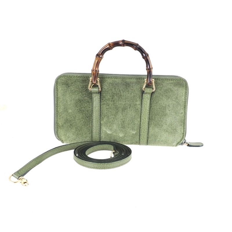 Vintage Gucci Match Green Suede Bamboo Round Zip Wallet Long