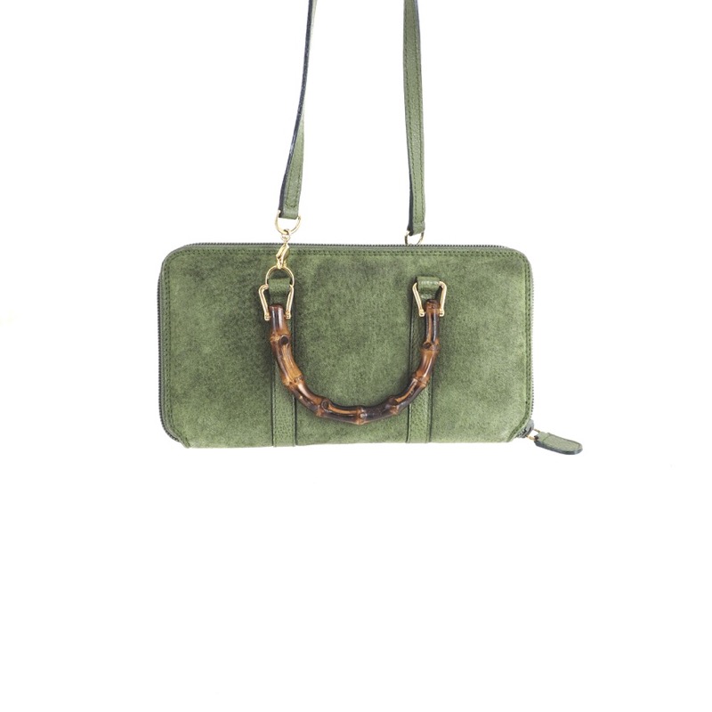 Vintage Gucci Match Green Suede Bamboo Round Zip Wallet Long
