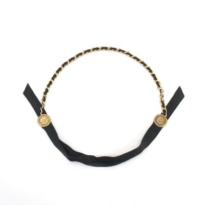 Vintage Chanel Coco Mark Chain Leather Belt Black Gold Hardware Ribbon Necklace Belt